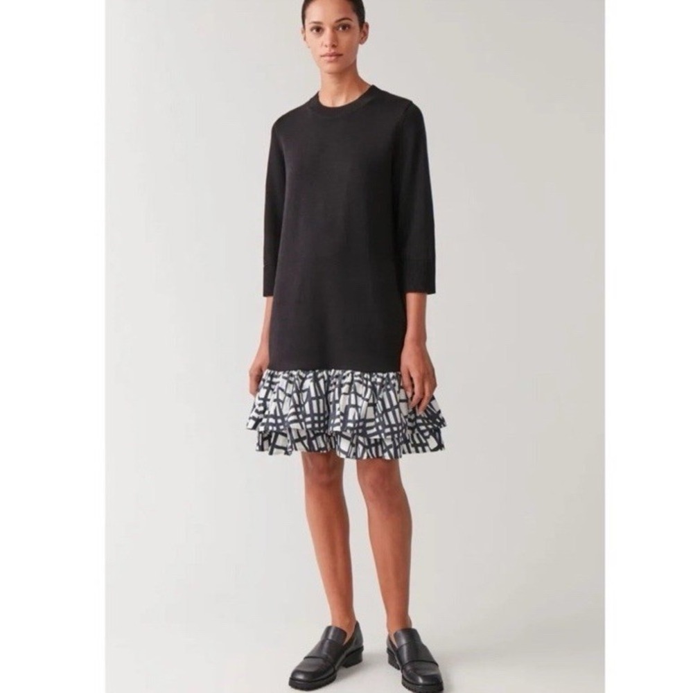 COS Black Knitted Dress With Woven Ruffle Hem S Minimalist
